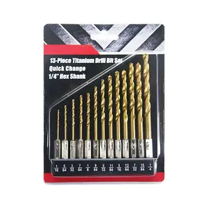 13Pcs Inch Set Jobber Length Titanium 1/4" Hex Shank HSS Twist Drill Bit Set in Double Blister