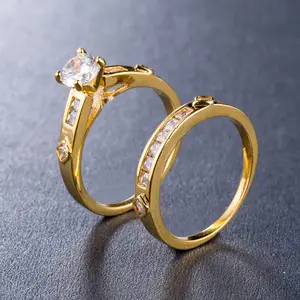 CAOSHI แหวนหมั้น2ชิ้น,ชุดแหวนเซอร์โคเนียทองเหลืองแหวนเซอร์โคเนียแหวนแต่งงานคู่รักสำหรับผู้ชายและผู้หญิง