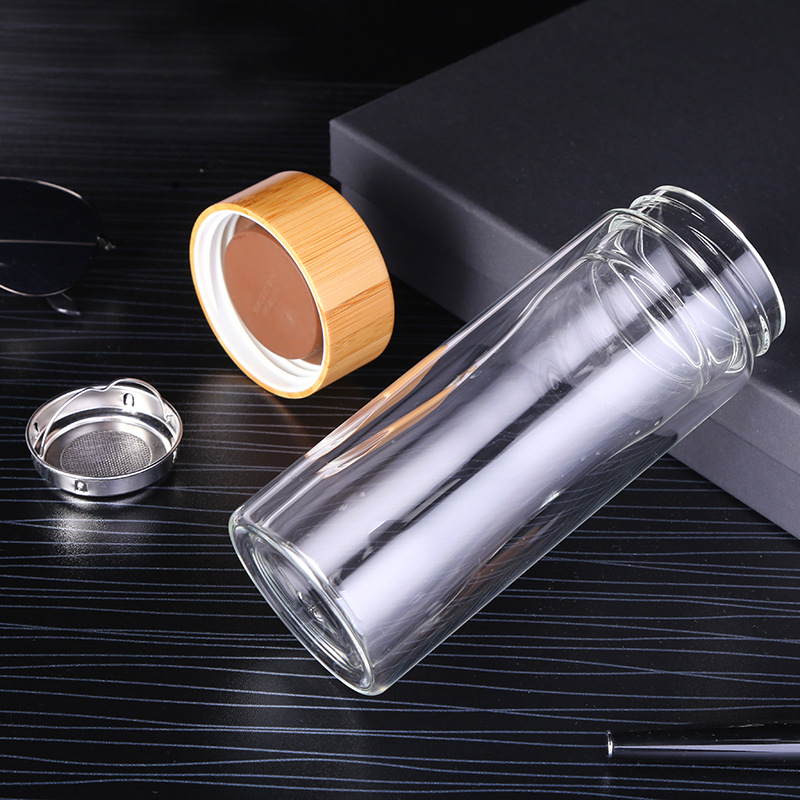 Double Wall Water Bottle with Bamboo Cover, Sport Glass Water Bottle With Filter