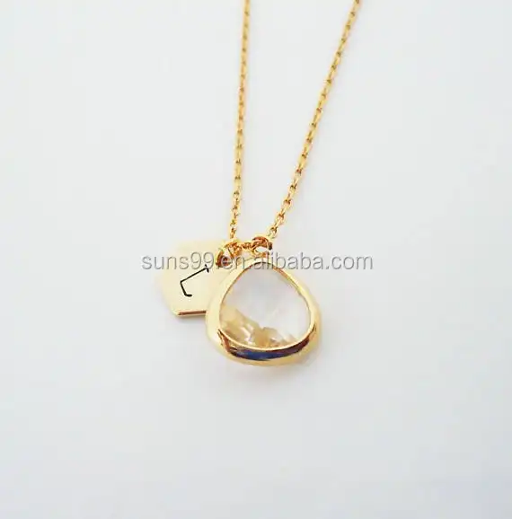 Gold Plated Stainless Steel Personalized Initial Necklace, Glass Fancy Pendant Necklace