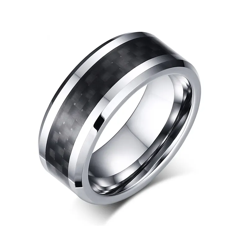 Joyería de moda para hombre, anillo de boda de fibra de carbono de carburo de tungsteno, 8mm de alto pulido