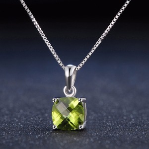 Luxury Trendy 100% Natural Gemstone 925 Sterling Silver 7mm Green Square Cut <strong>Peridot</strong> Pendant <strong>Necklace</strong> White Gold Plated Women - Product Image 2