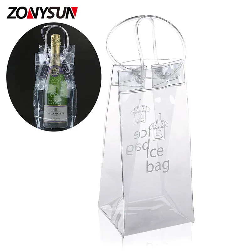 Saco cooler transparente dobrável para garrafas, saco transparente de plástico para gelo em pvc com cordão, bolsa transparente para vinho