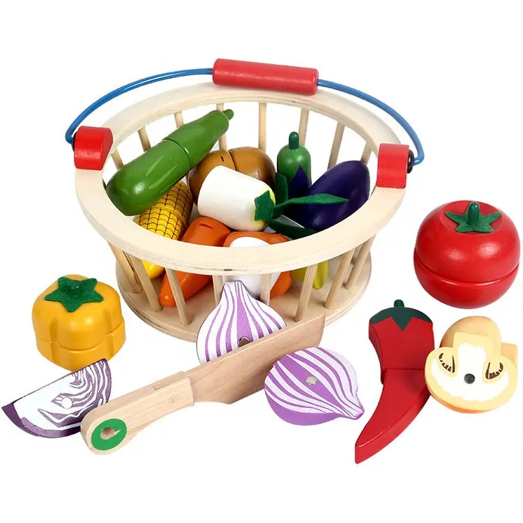 Predtend لعب مجموعة التسوق خشبية المغناطيسي قطع الفاكهة الخضار المطبخ اللعب مع خشبية سلة دائرية