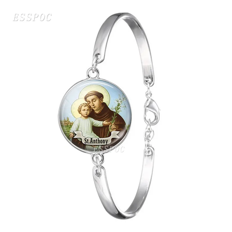 St Anthony Bracelet Bangle Silver Chain Saint Bring Love To Your Life Religious Glass Dome Cabochon Jewelry Birthday Gift