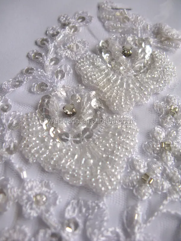 Desain Khusus Vintage Putih Penjualan Panas Desain Bordir Renda Applique Grosir untuk Gaun Pengantin dengan Mutiara