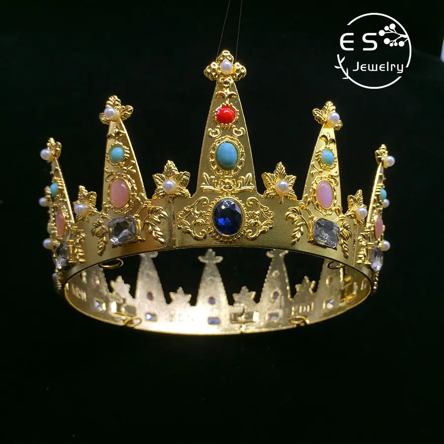 Antique King Crown Gold Full Round Men's Crown Royal queen pageant tiara