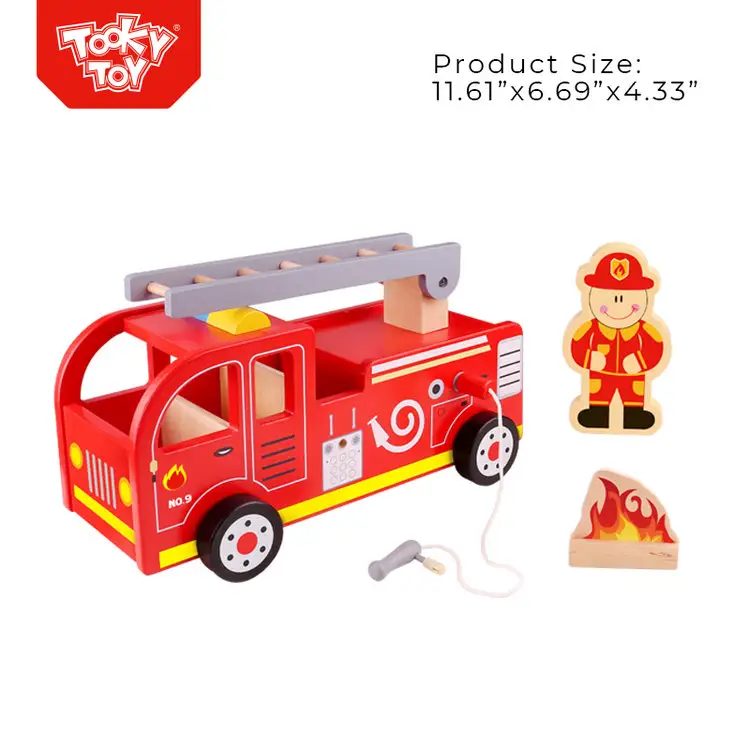 Wholesale Educational Toys Car Trailer Crane Fire Truck Wooden Toy Truck.