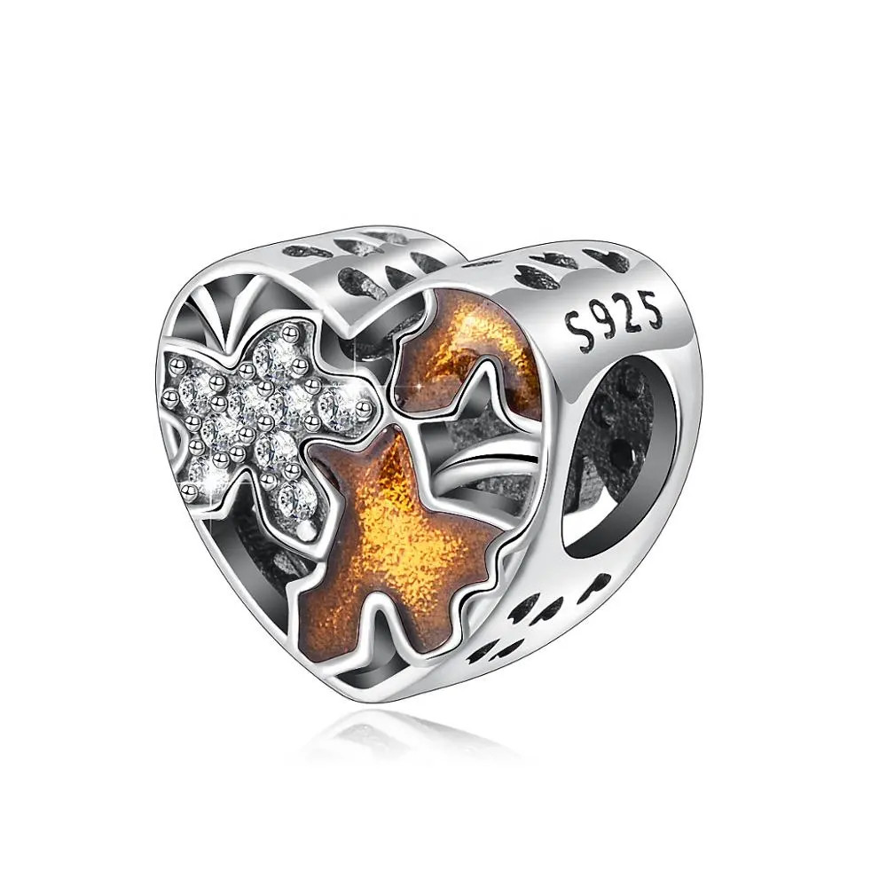 DIY Jewelry s925 Sterling silver Amber color Pave metal crystal heart charms fit Bracelet
