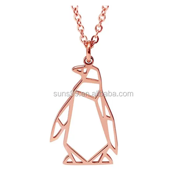 Kalung Penguin Desain Lucu Perhiasan Origami Geometris Berlapis Emas Mawar 18K Dibuat Di Cina