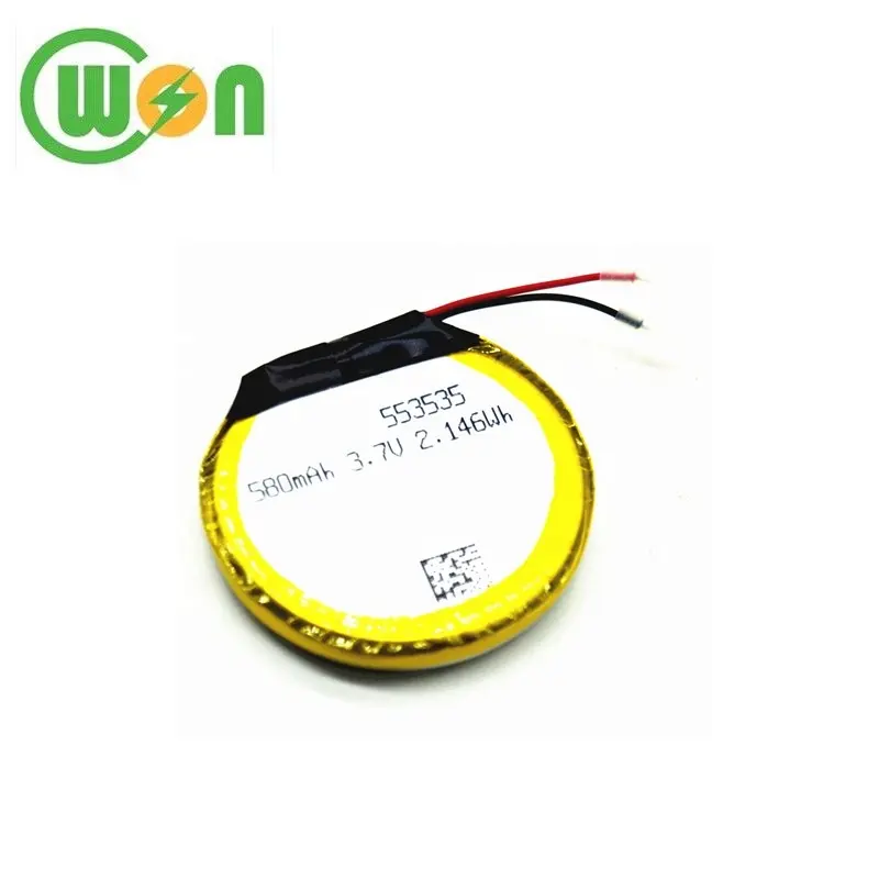 고품질 3.7V 580mAh 리튬 폴리머 배터리 전선 라운드 LiPo 배터리 553535