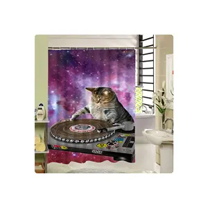 Animal Printed Polyester Waterproof Shower Curtain, Dish Cat Fun Bathroom Shower Curtain/