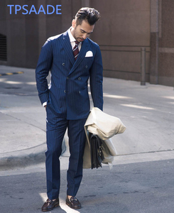 Nuovo abito da sposa a <span class=keywords><strong>righe</strong></span> blu Navy doppia Breatesd per gli uomini 2 pezzi (giacca + pantaloni + cravatta) Groom Masculino Trajes De Hombre <span class=keywords><strong>Blazer</strong></span> - Product Image 2