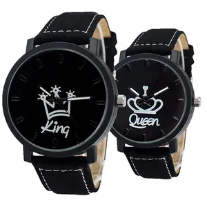 Reloj de cuero king queen unisex para hombre y mujer, diseño de corona para parejas, venta al por mayor, relojes informales para estudiantes, 3960
