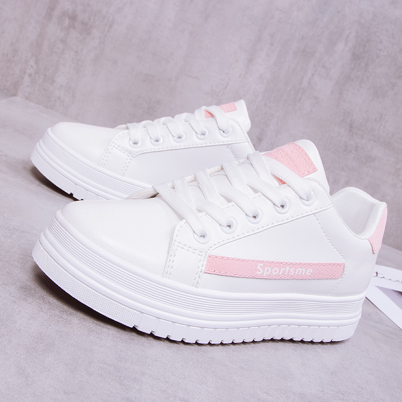 Zapatillas gruesas de plataforma plana para mujer, zapatos informales de  cuero, vulcanizados, color blanco sólido, talla grande, con cordones -  AliExpress Calzado
