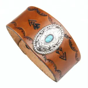 Bracelet Vintage Turquoise Pavé Ovale Forme Alliage Charme Large Cuir Gravé pour Femmes Hommes