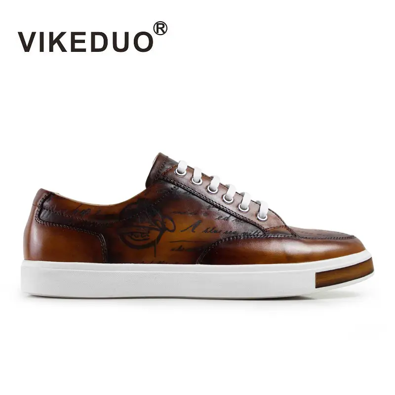 Vikeduo Hand Made China Wholesale Low Top Calfskin Sneakers Brown Genuine Leather Shoes Men Casual For Summer Autumn