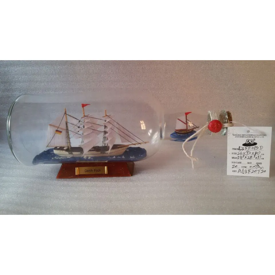 Marine Glass Drift bottles, Bottle ships, Big size 26x9.2x10.7cm, Tall Ship in a bottle