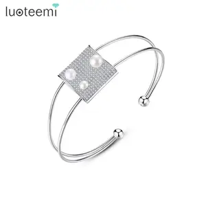 LUOTEEMI Luxury White Gold Color Women Cubic Zirconia Micro Paved Free Szie Cuff Style Freshwater Pearl Fashion Bangles