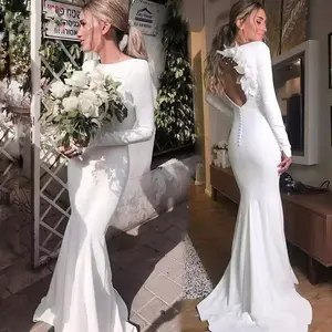 Asil zarif beyaz kumaş Scoop boyun Mermaid düğün elbisesi uzun kollu Backless çiçekler ile Sweep tren 2020 Vestido de Novia