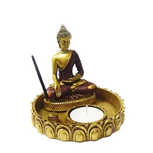 الراتنج الذهب بوذا مع T-حامل شمعة ضوء التأمل تمثال