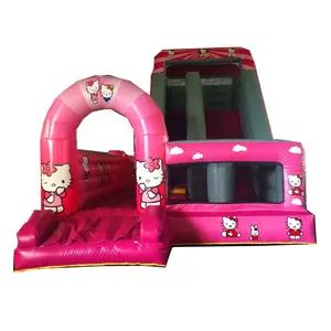 Tobogán de gatito inflable de alquiler Hello Party con castillo hinchable para niñas, combo de tobogán hinchable para fiesta