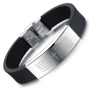 <span class=keywords><strong>Bracelet</strong></span> croix pour hommes et femmes, en Silicone gravé, en acier inoxydable, fin et personnalisé, fournitures chinoises, - Product Image 1