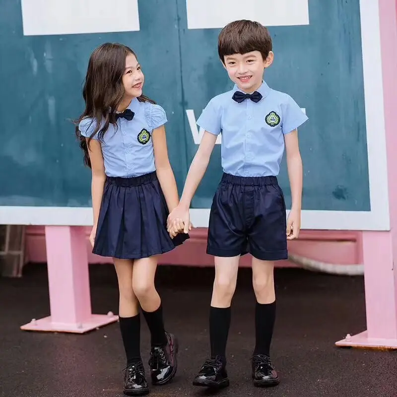 Koreanische Grundschule Kindergarten Kinder Marineblau Schuluniformen Hemd und Rock Sets