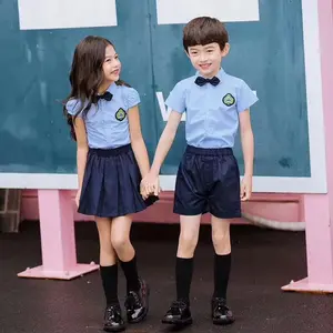 한국 초등학교 유치원 키즈 네이비 블루 교복 셔츠와 스커트 세트