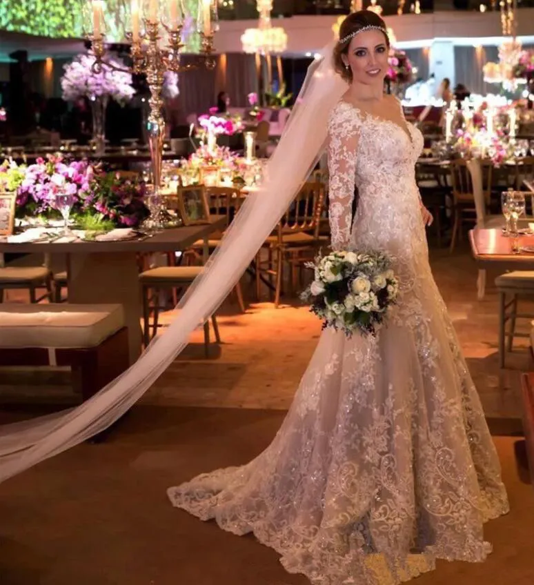 Bianco con scollo a v Manica Lunga Del Merletto di Alta Qualità Abito Da Sposa Abito Da Sposa