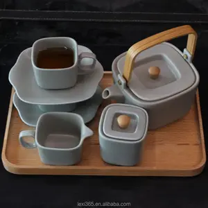 15pcs Garden matt grey porcelain ceramic square round coffee Tea Sets with bamboo wood