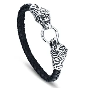 Wholesale Cheap Men's Leopard Head Design Braided Genuine Leather Bracelet