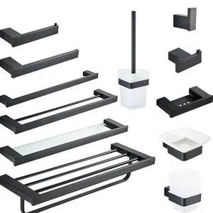 Matte Black Badkamer Hardware Sets Toiletrolhouder Handdoek Bar Plank Borstel Houders Haken Zeepdispenser Bad Hardware Sets