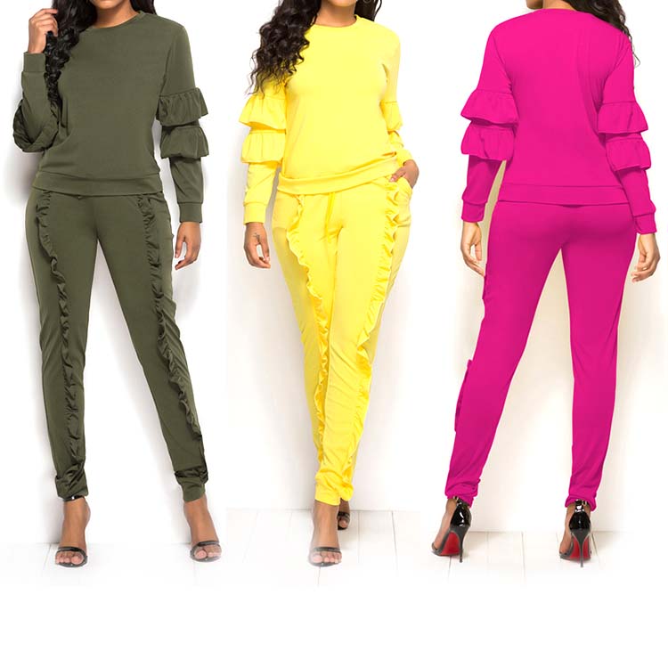 China Factory Wholesale Solid Long Sleeve Ruffle Two Piece Pants Set Customizable Women Clothing