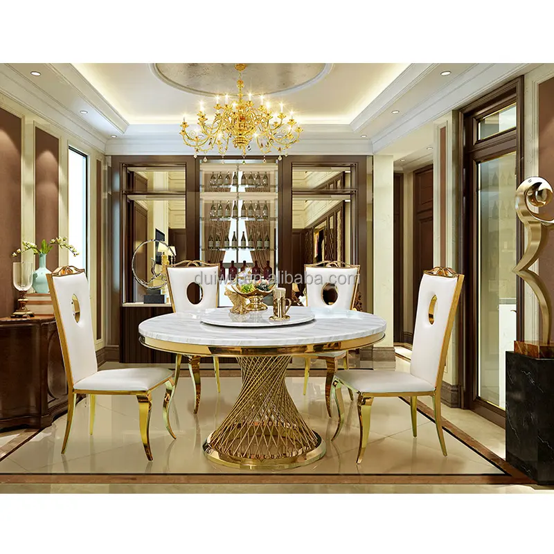 modern Italian stainless steel gold round marble top dining table Luxury gold base round marble dining table