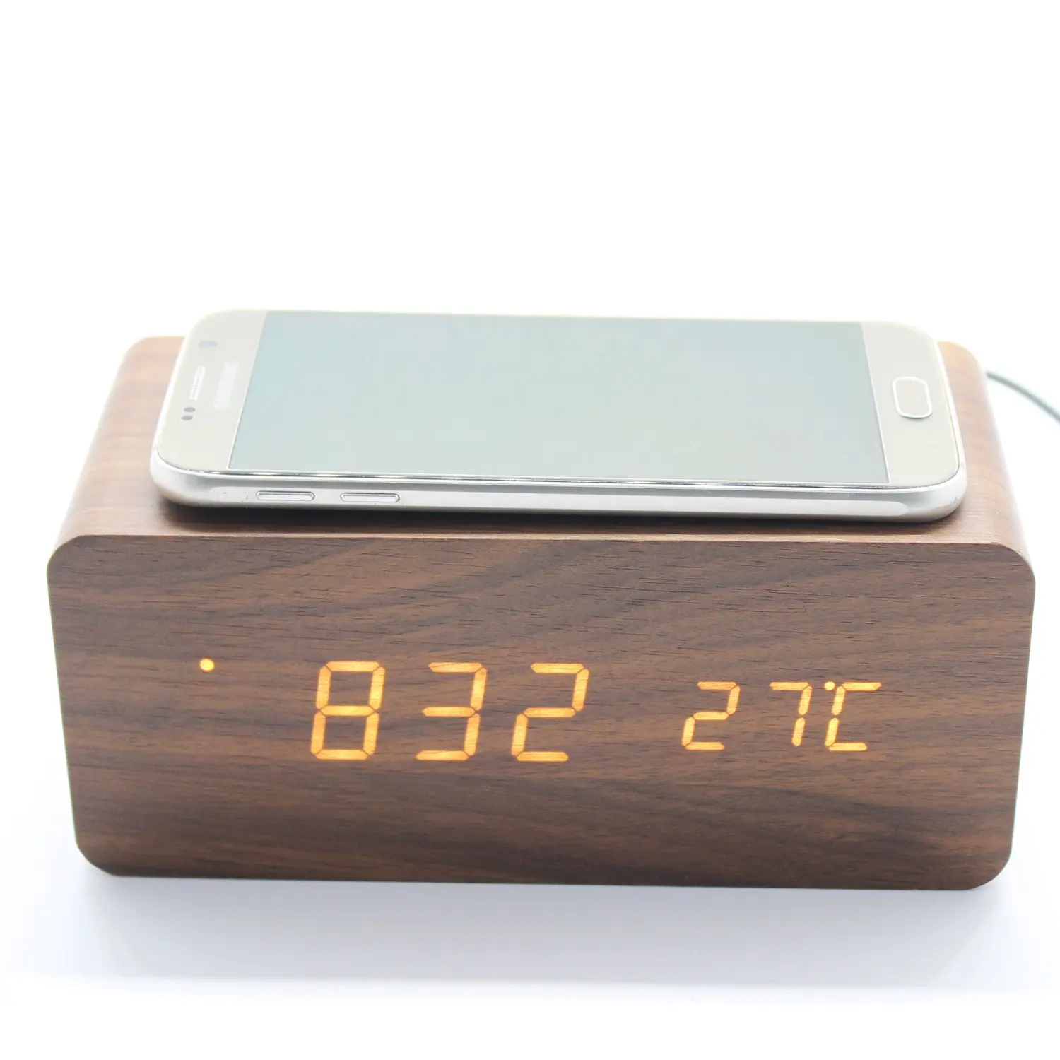 Cargador de móvil inalámbrico QI, reloj despertador LED de madera con Control de voz, brillo, excelente, nuevo