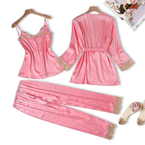Womens Satin Three Piece <strong>Sexy</strong> Lace Pajamas <strong>Set</strong> Long Sleeve Nighties Evening Loungewear Pyjamas Women Sleepwear 3pcs <strong>PJ</strong> <strong>Set</strong> - Product Image 2