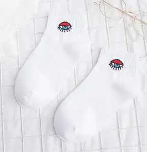 Chaussettes personnalisées avec broderie œil, socquettes blanches pour femmes, Meias à la cheville