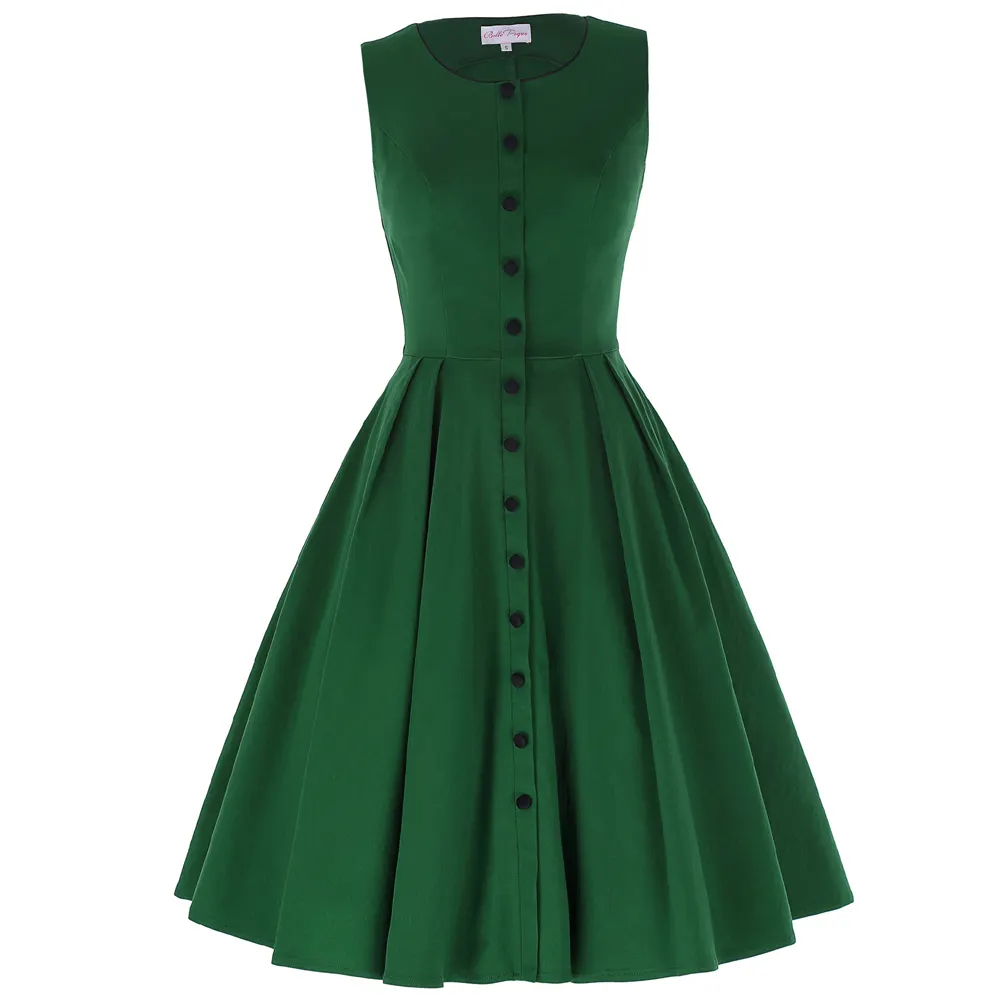 BP000242 Belle Poque Sleeveless Screw Neck Buttons Decorated High Stretch Flared A-Line Dark Green Retro Vintage Dress