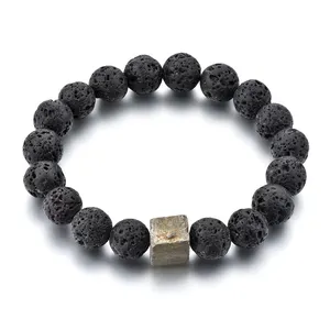 Longway di Alta Qualità Elastico Del Braccialetto 10 mm di Lava Bead Vulcano Pirite Braccialetto di Pietra