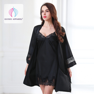 Camisón Largo de Satén Negro con Encaje, Bata Suave Bordada, Kimono Corto de Satén de Seda Negra <span class=keywords><strong>para</strong></span> Mujer - Product Image 5