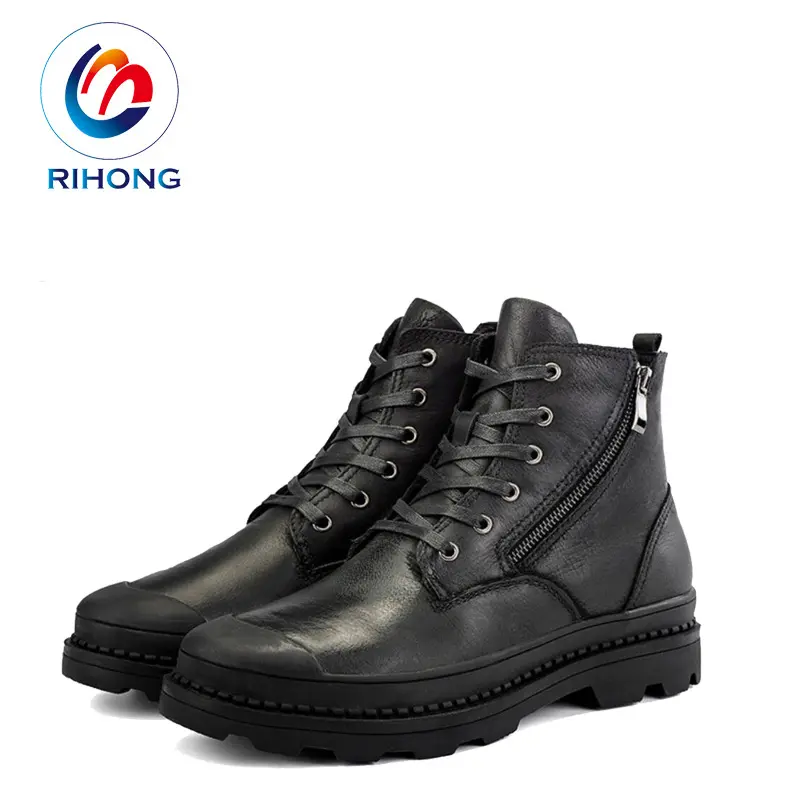 supply big size best quality leather full black color boots men winter shoes