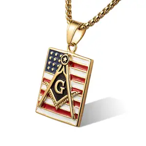 Waterproof Flag Necklace Custom Stainless Steel Gold Plated Enamel USA Flag Masonic Symbol Pendant Necklace