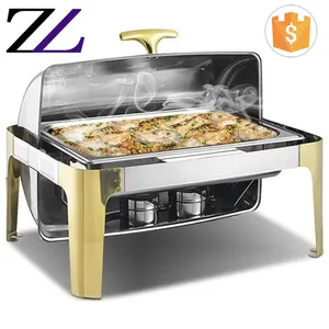 Guangzhou zhuolin catering equipment buffet chafer dish electric heater 9L roll top lid golden chafing dish price in dubai