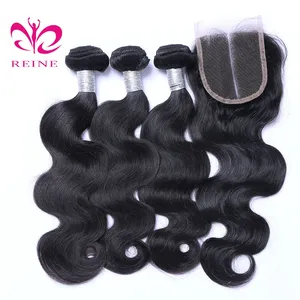 REINE No Mista Nessuna Sintetica Dei Capelli 100 di Remy Del Virgin Umani Indiani Dell'onda Del Corpo Dei Capelli Bundle Con Pizzo Chiusura