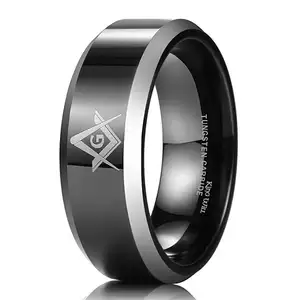 Classique 8mm noir hommes carbure de tungstène anneau poli maçonnique boussole carré maçon libre - Product Image 1