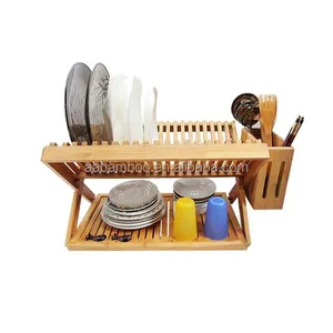 Bamboo wooden kitchen dish rack with drain