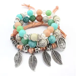 Leaf Charm Bracelets Layered Colorful Spiritual Beaded Bohemia Bracelets for Women