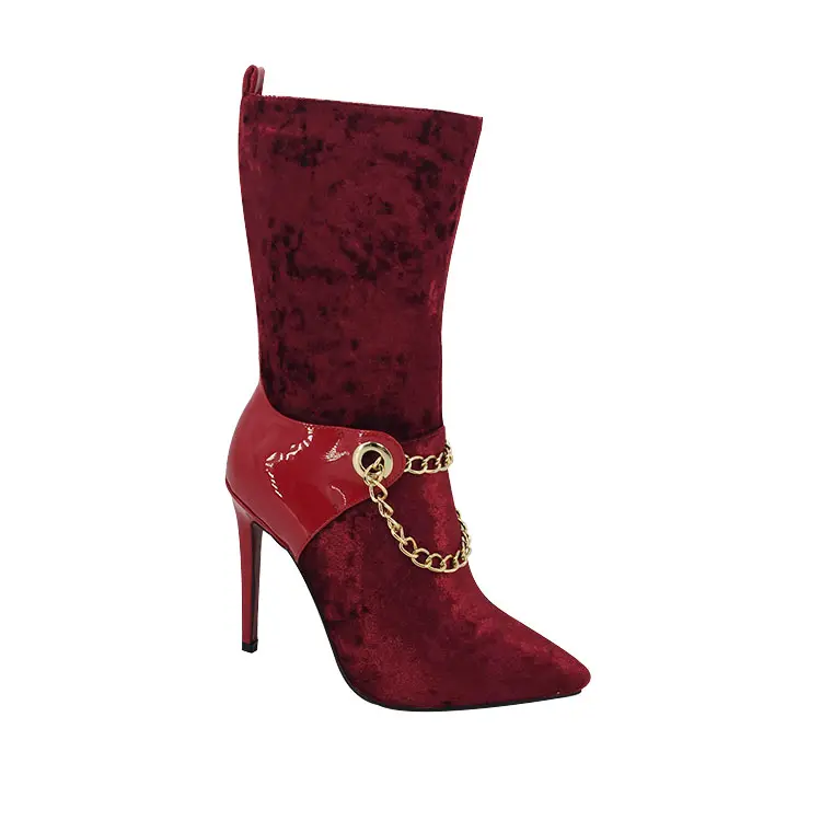 Scarpe eleganti da donna traspiranti da donna in tessuto scamosciato alla caviglia rosso coscia tacco a spillo alto punta a punta stivali tacco alto femminile S
