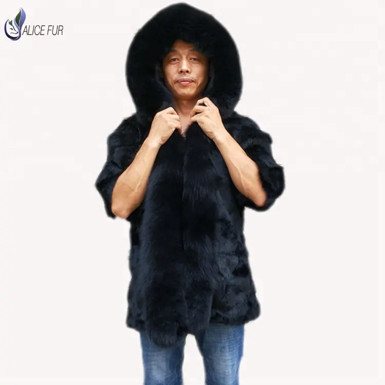 ALICEFUR Wholesale price mens real rabbit fur coat hooded black rabbit fur jacket for man